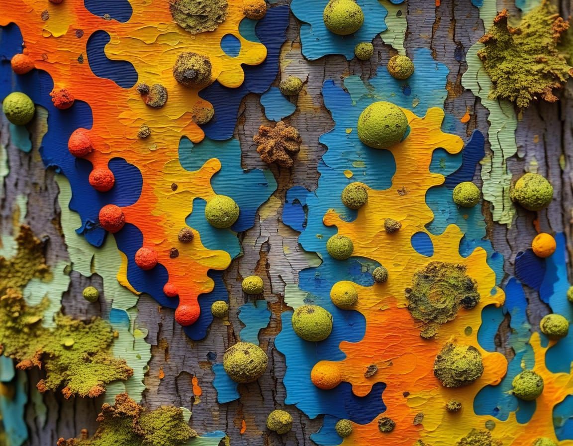 Close-Up Lichen: A Fauvist Oil Painting in Macro
