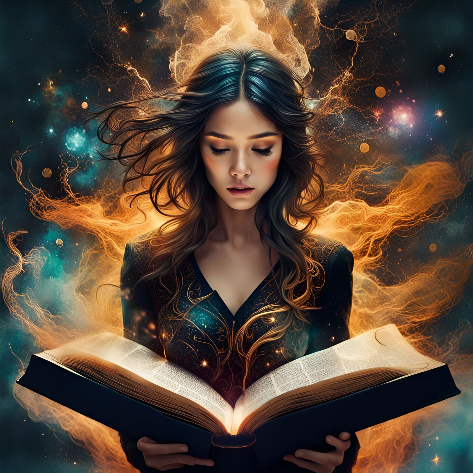Intense Woman Emerging From Book, Dark Fantasy