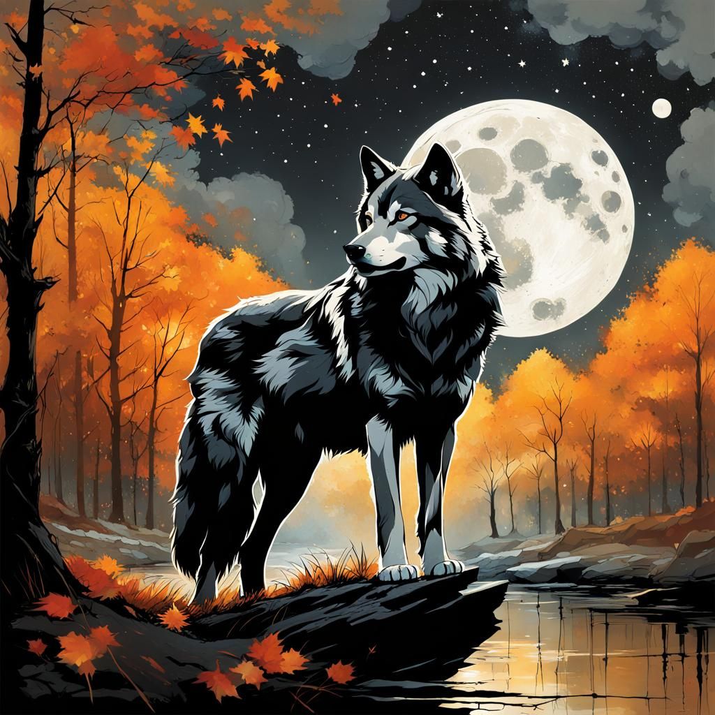Majestic Autumn Wolf in Cosmic Halloween Scene