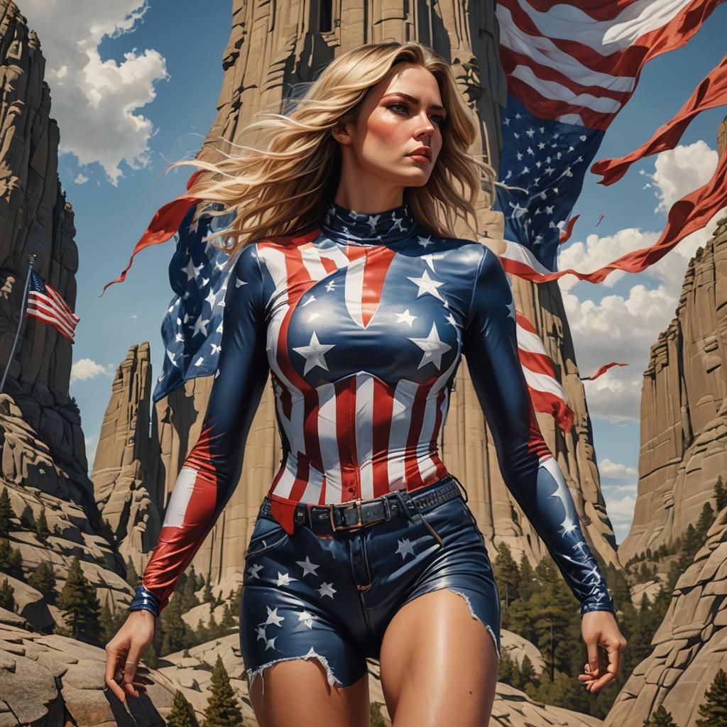 American Woman on Devil's Tower: Hyperrealistic Splash Art