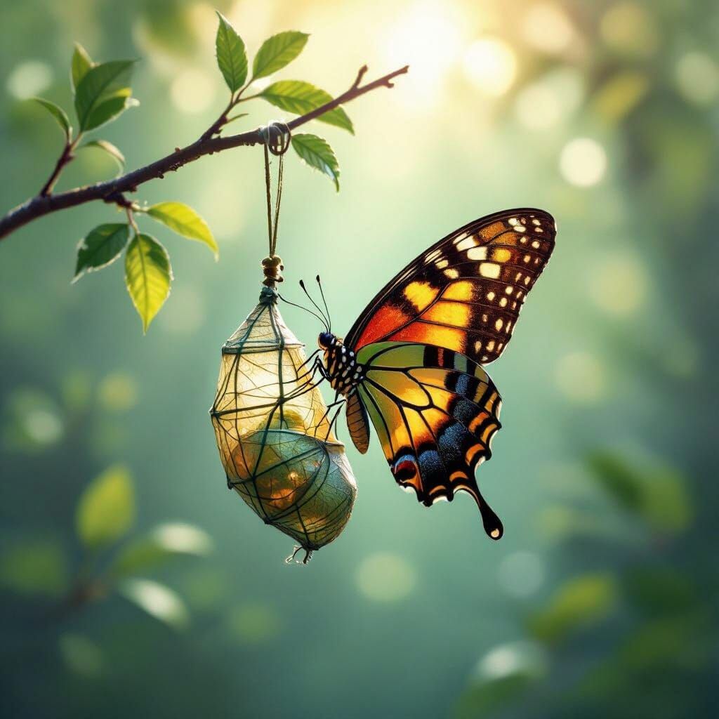 Luminous Butterfly Emerges From Cocoon in Misty Forest