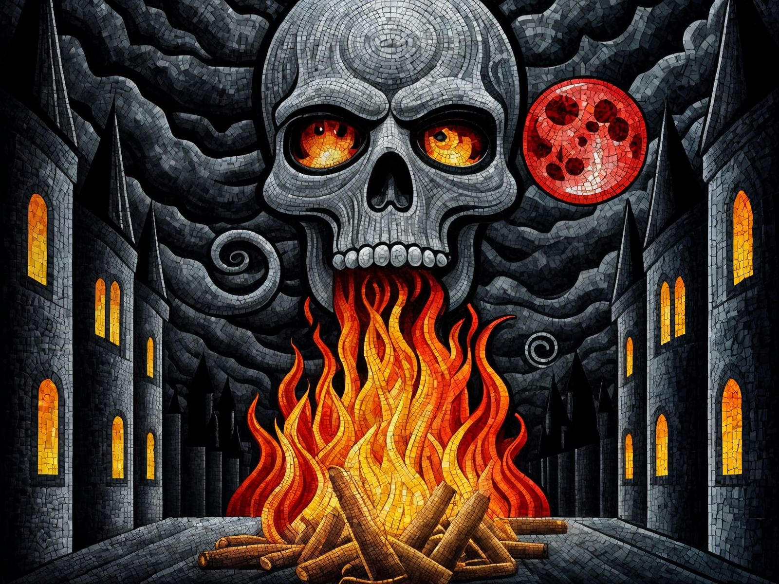 Gothic Townscape Under Dark Fantasy Mosaic Skies