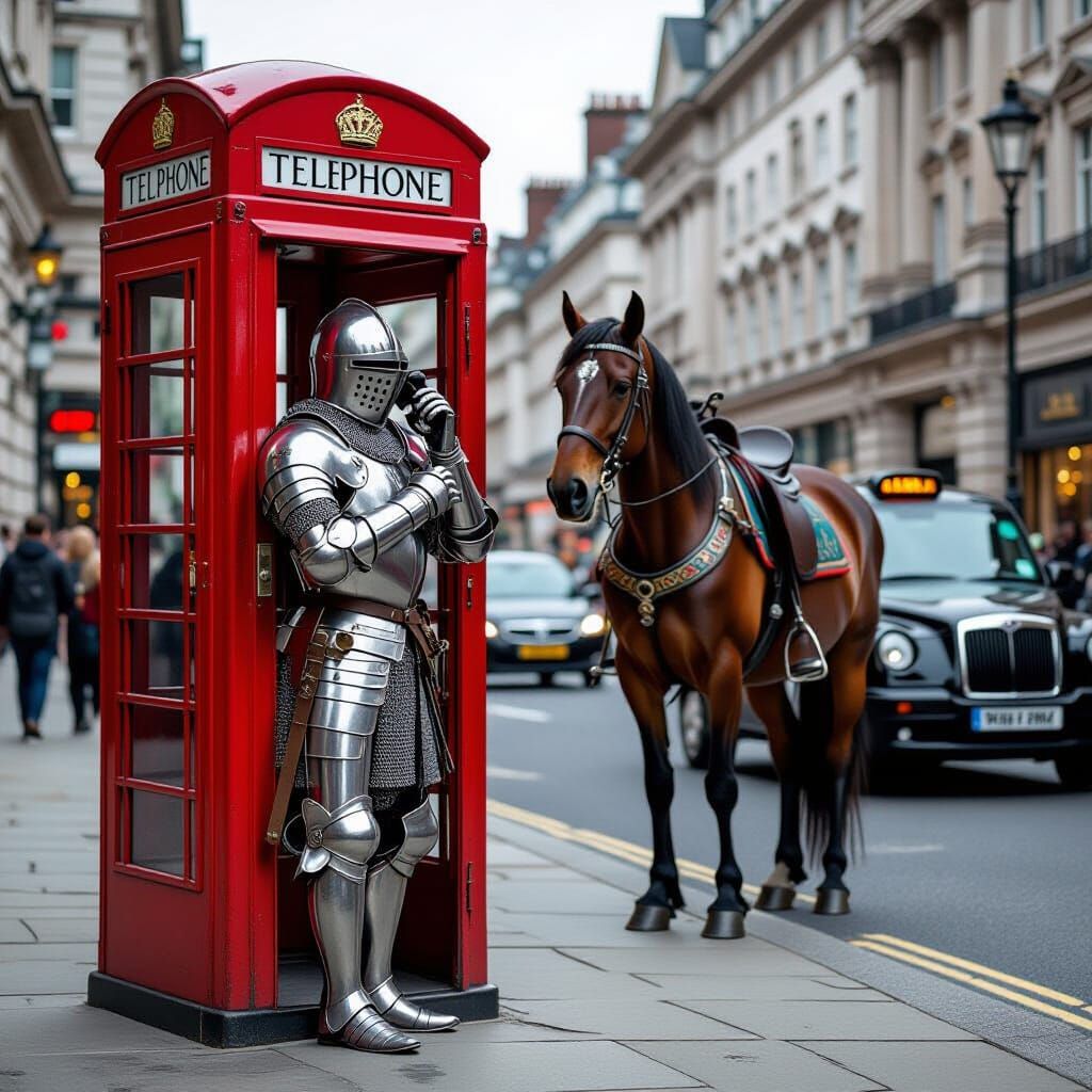Medieval Knight Makes Call in London Phone Box