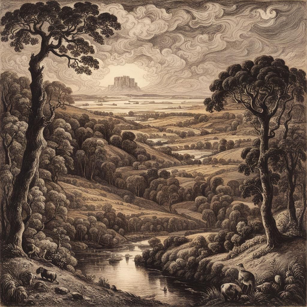 Romantic Pastoral Landscape in Dreamlike Style