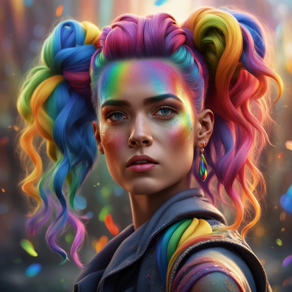 Rainbow Hair Portrait in Detailed Matte Painting Style