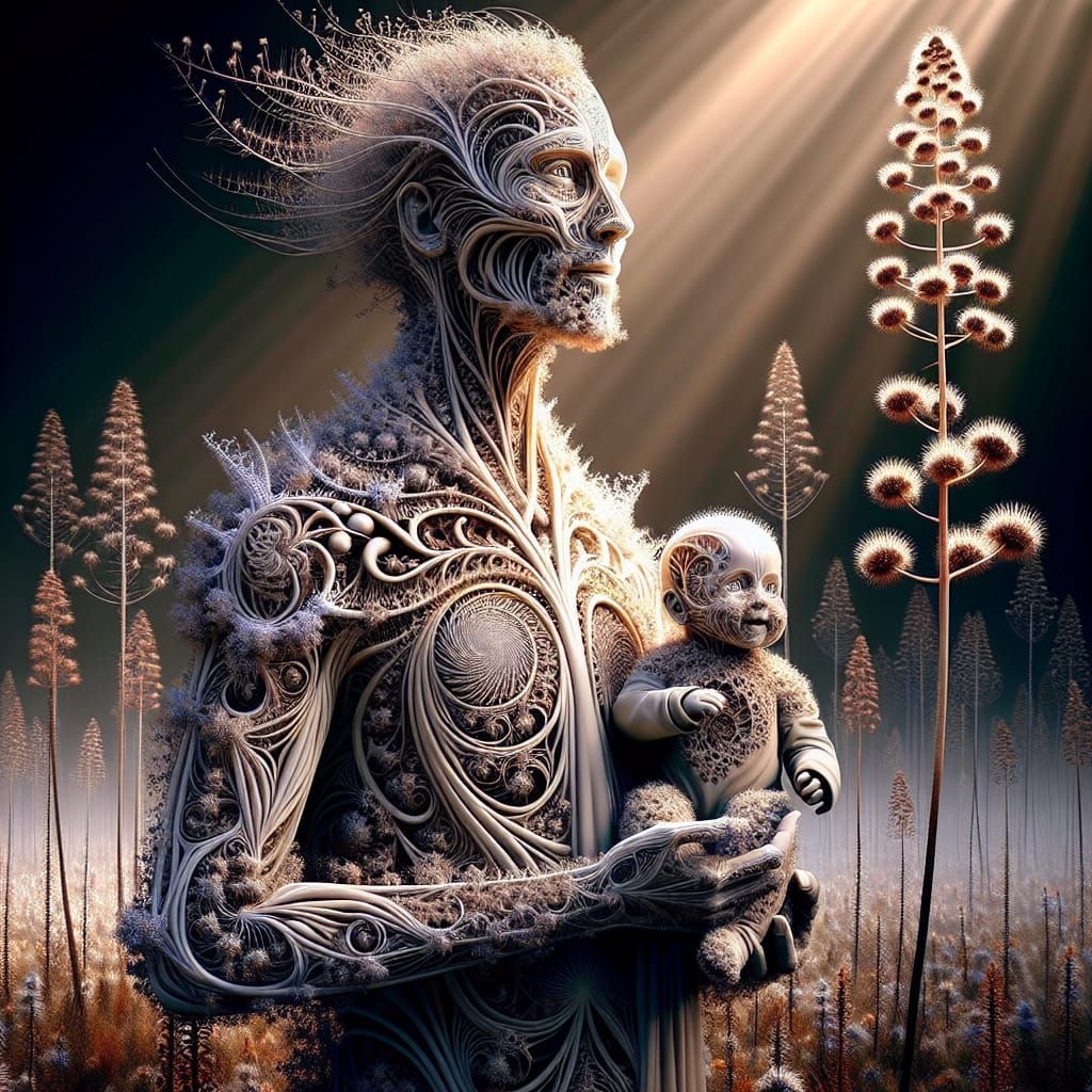 Ethereal Figure with Baby in Windswept Meadow