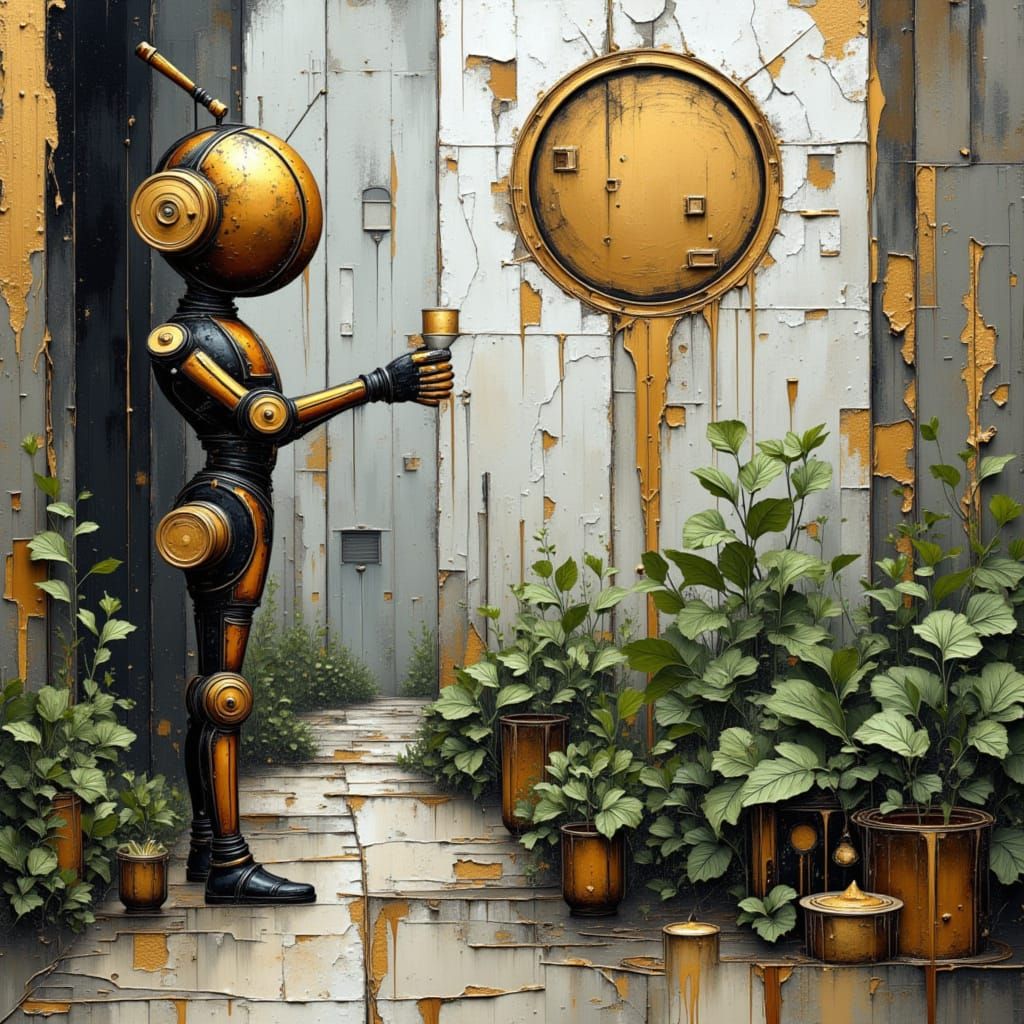 Steampunk Robot Tends Plants in Ruined Factory