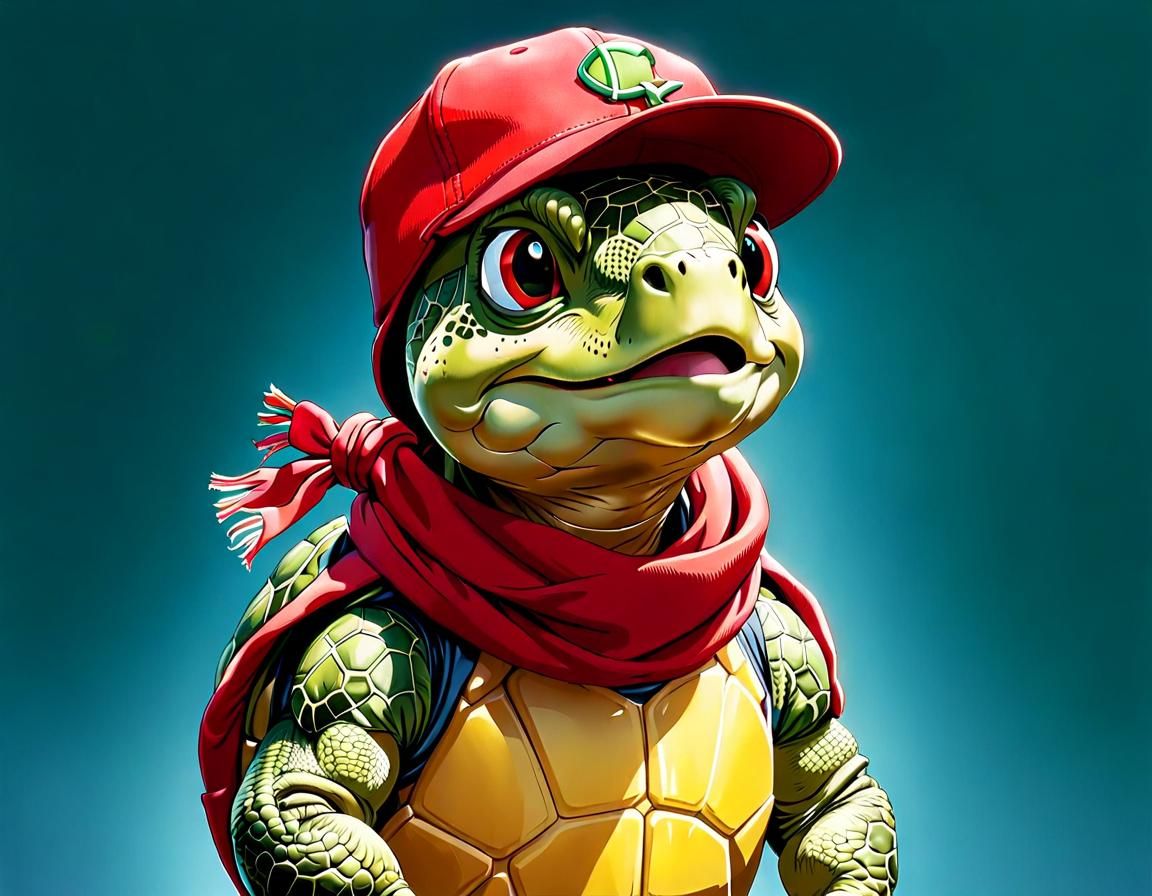 Cartoon Turtle Character with Red Scarf and Cap