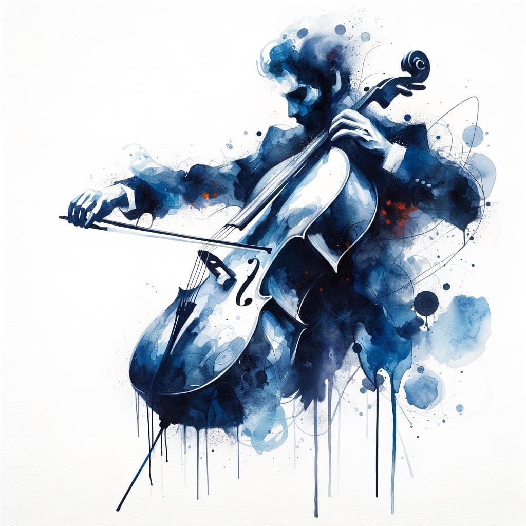 Abstract Watercolor Cellist Playing Cello
