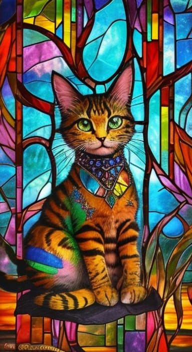 Vibrant Stained Glass Cat Art in Surrealist Style