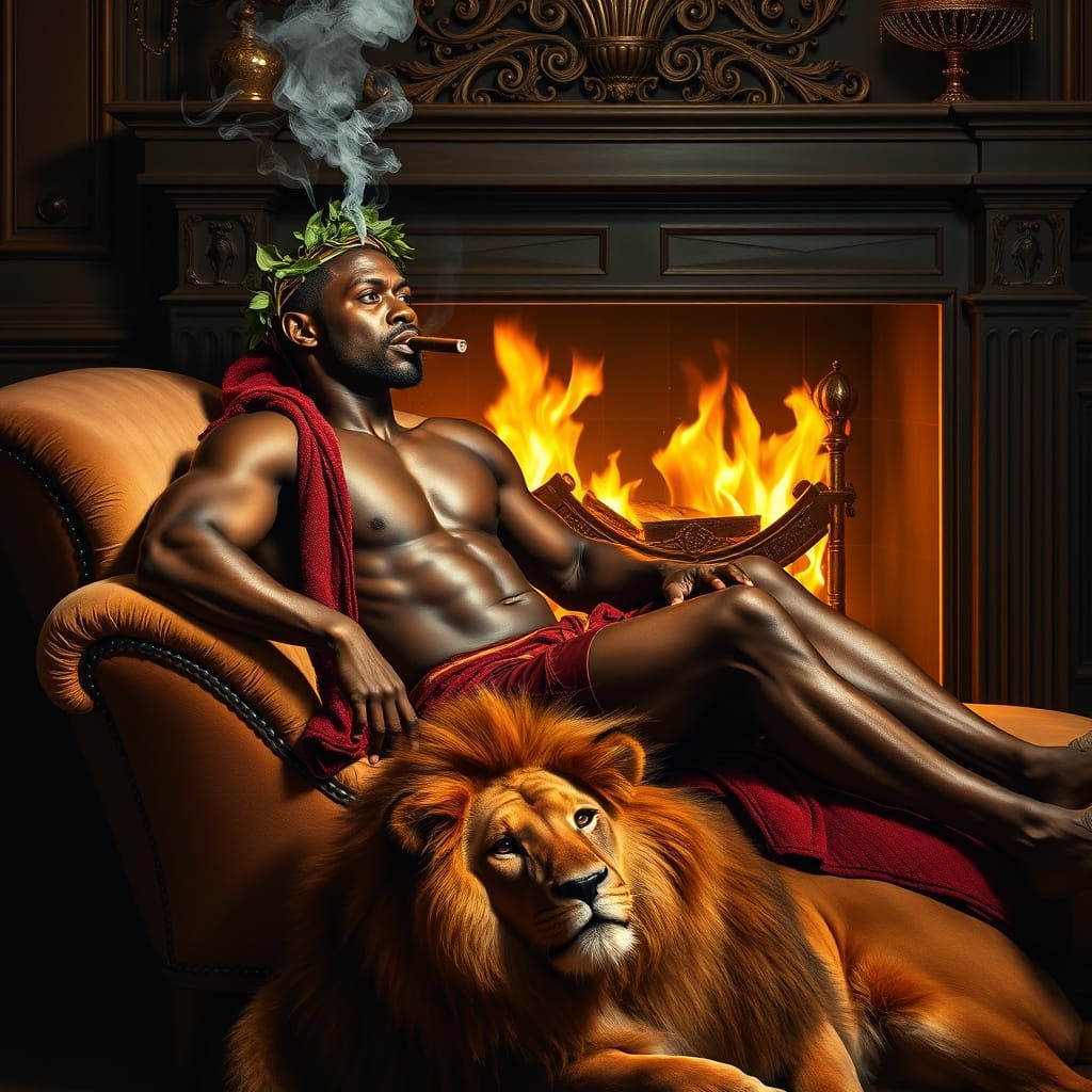 Baroque Style Portrait of Athletic Man with Lion