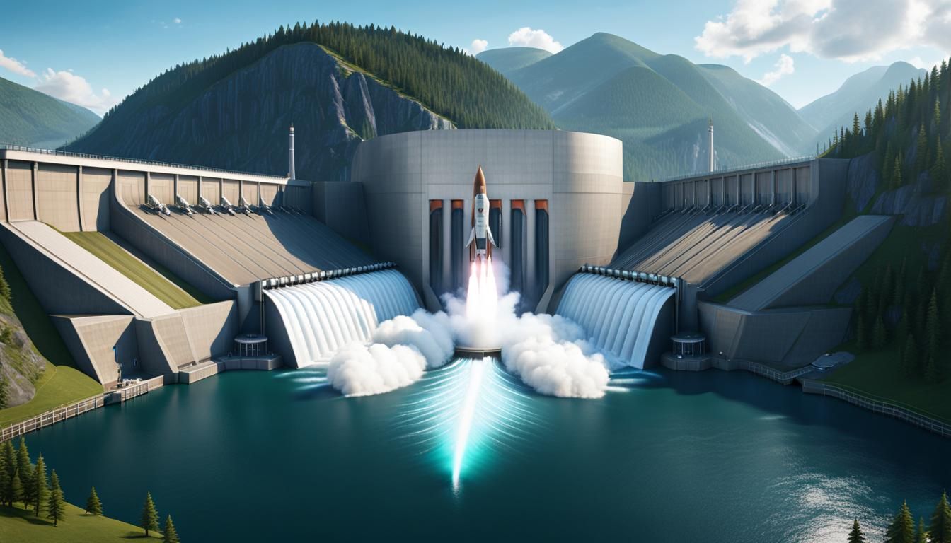 Front view of a Hydroelectric power Dam with missiles launching