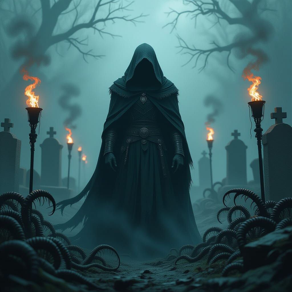 Misty Graveyard With Hooded Figure and Swirling Worms