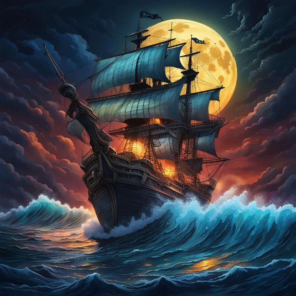 Pirate Ship Cresting Wave on Moonlit Night