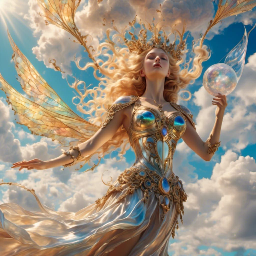 Beautiful goddess of the wind flies in the sky with clouds