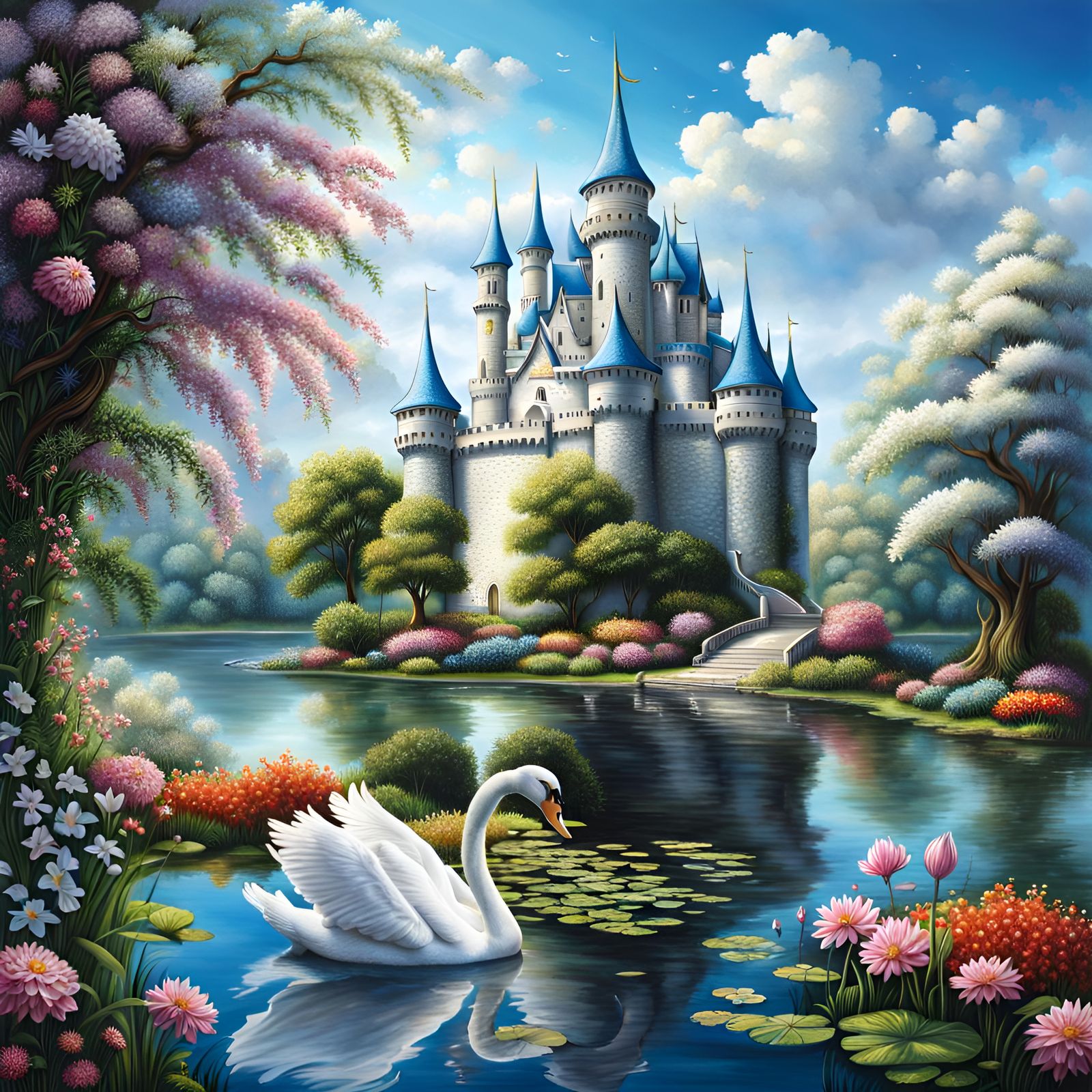 Fairy Fantasy Castle, Pond, flowers, trees, white swan, sky, hyperdetailed hyperdetailed hyperrealistic