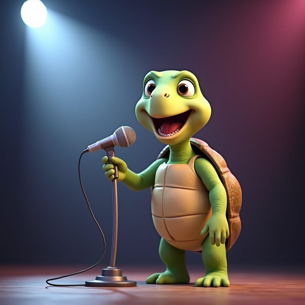 Singing Turtle on Stage: Cartoonish 3D Render