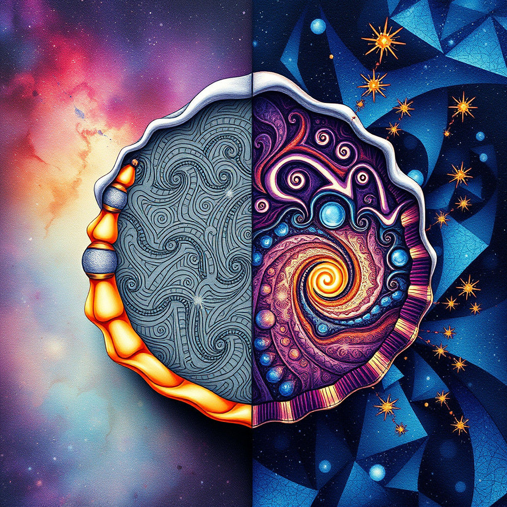 Zentangle: Seashell and Galaxy in Detailed Drawing