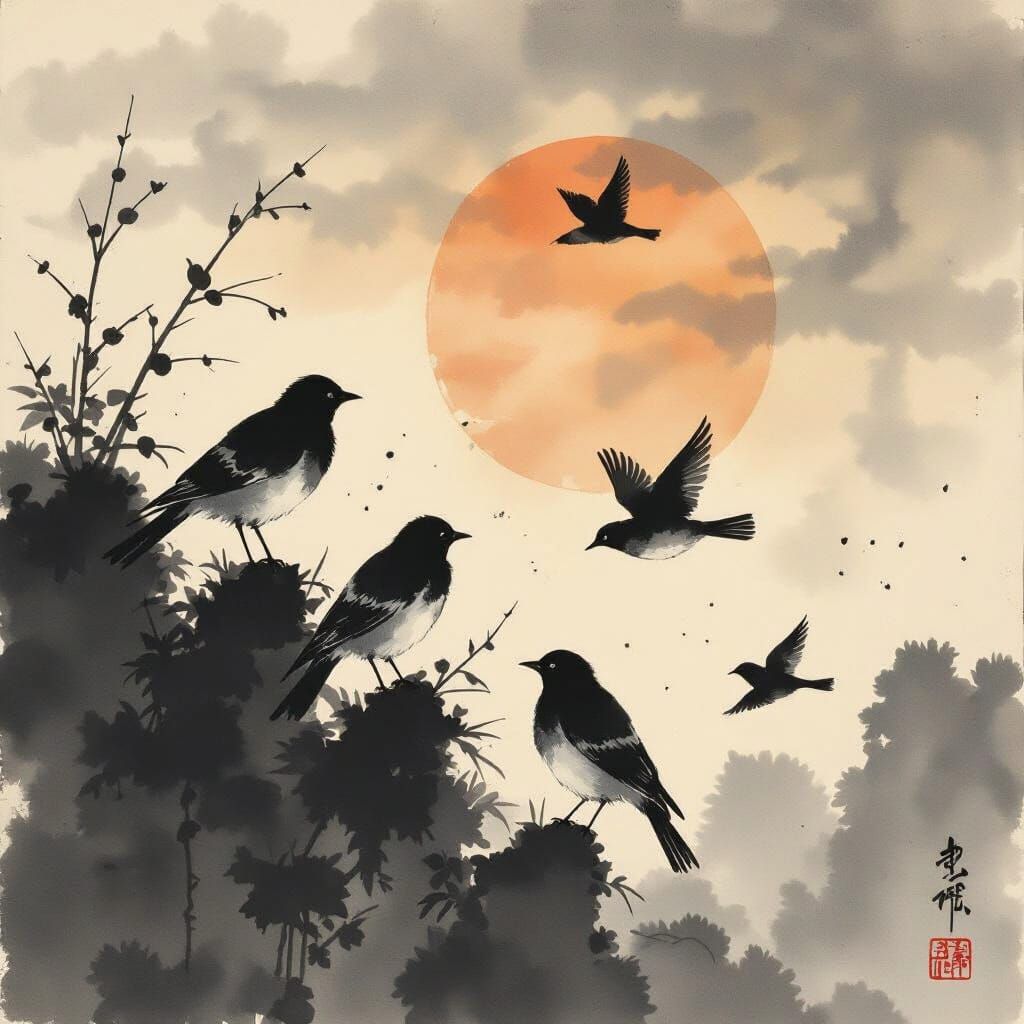 Sumi-e Masterpiece: Birds Awaken in Serene Dawn Light