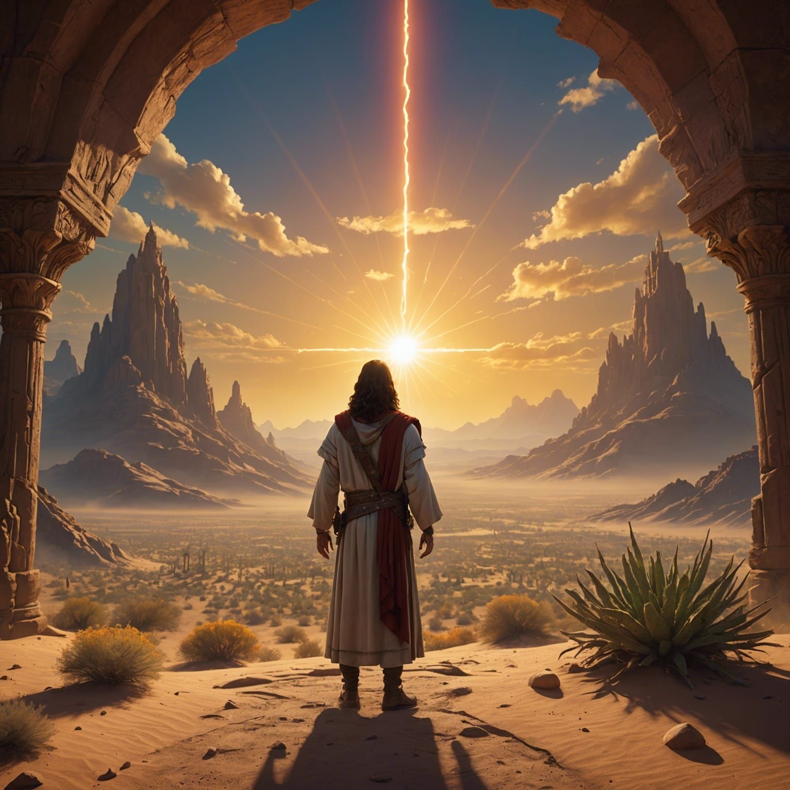 Jesus Confronts a Demon in Desert Landscape