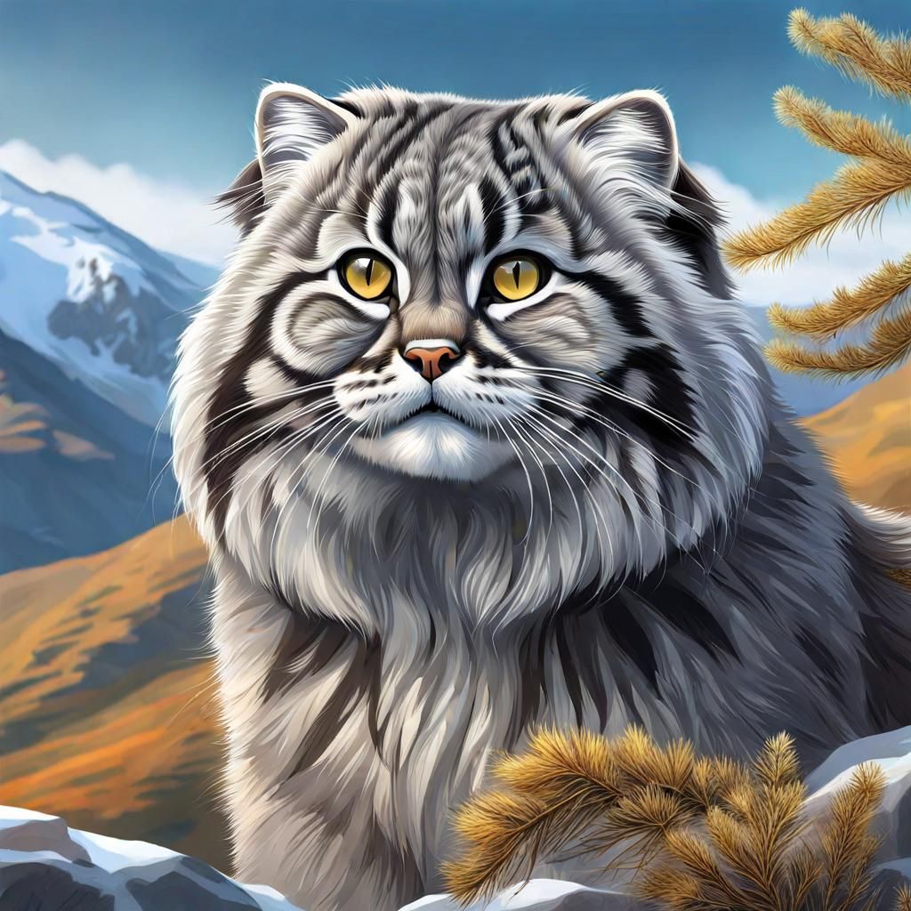 Adorable Pallas Cat in Mountain Landscape Concept Art