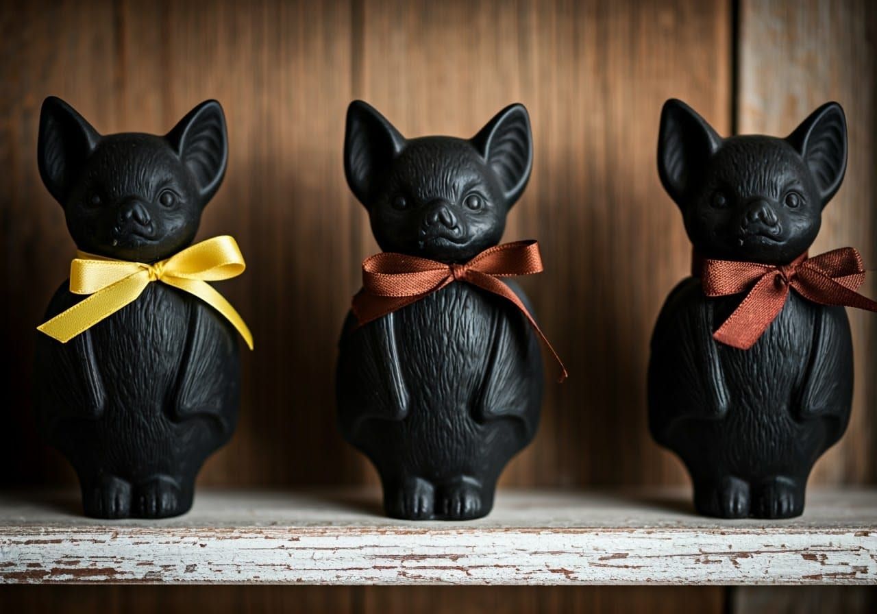Black Bat Dolls in Soft Light with Vintage Ribbons