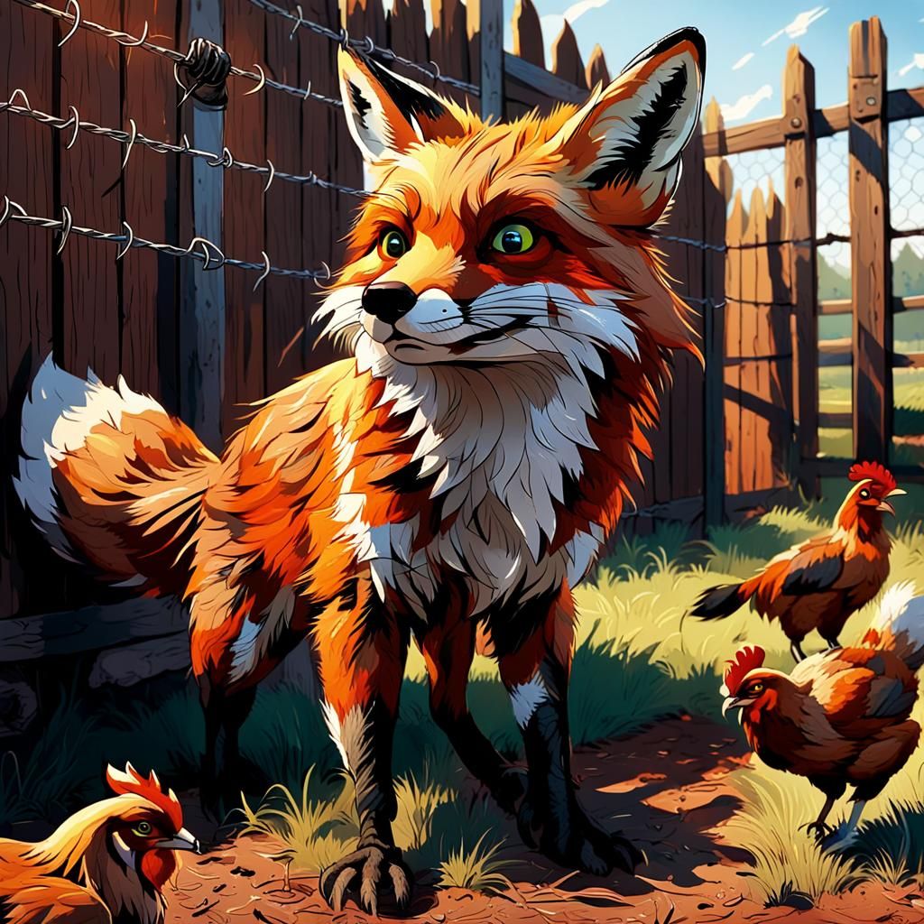 Fox Breaching Chicken Wire Fence: Rustic Illustration