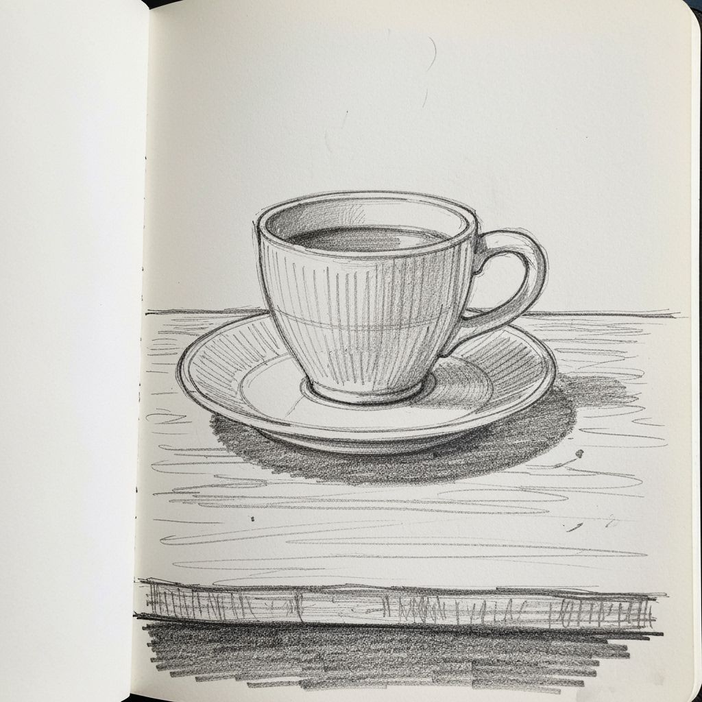 Loose Graphite Sketch of Coffee Cup on Desk