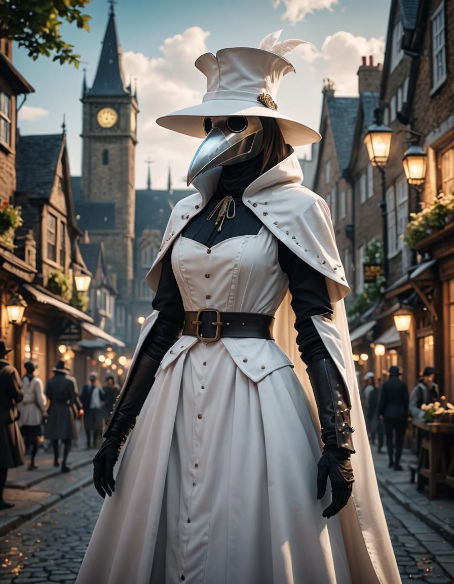 White Plague Doctor in Medieval London: 3D Anime Art