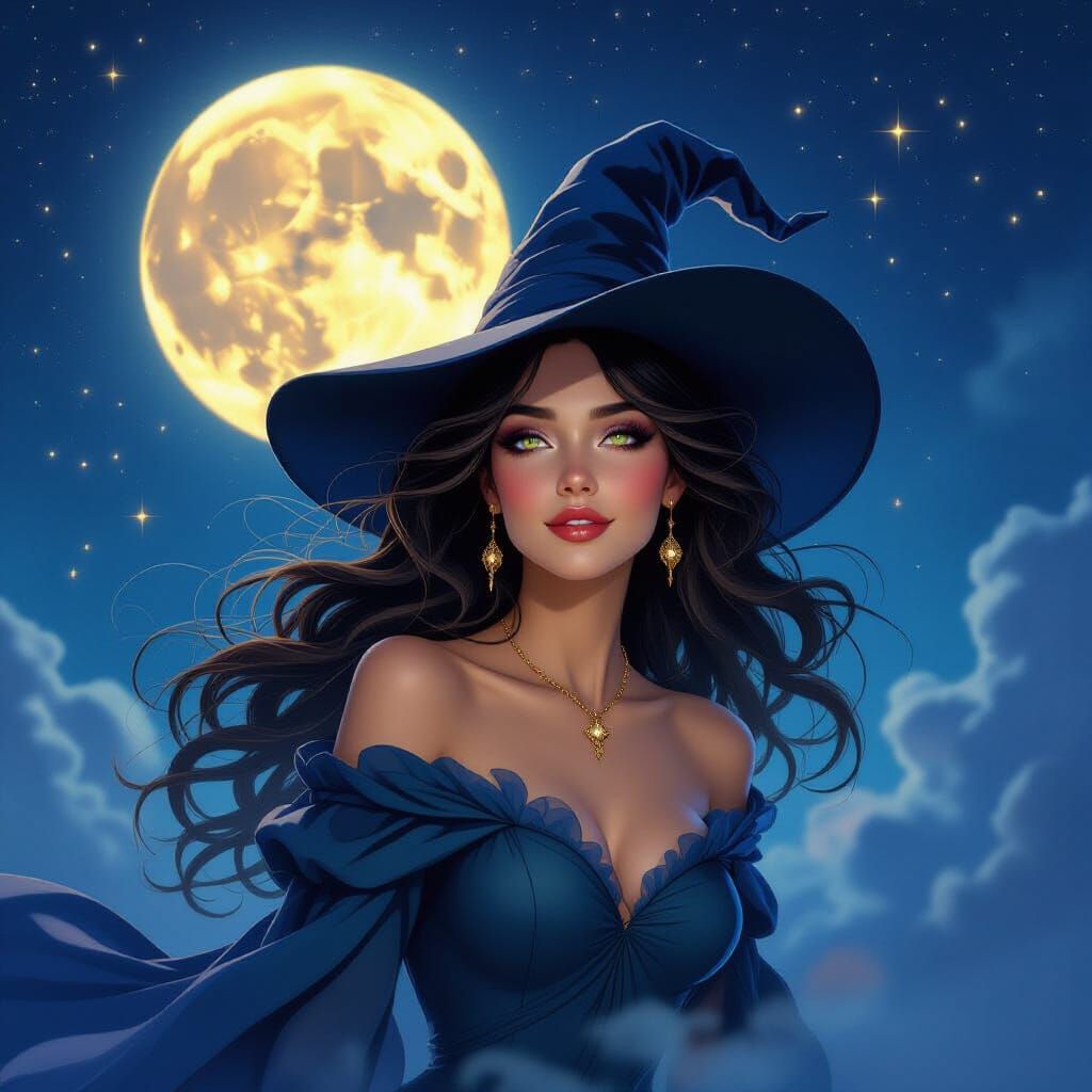 Mystical Witch Soars Through Galaxy Sky in Fantasy Art