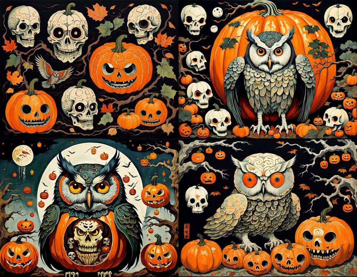 Ukiyo-e Pumpkin Owl Ghost Halloween Horror Art