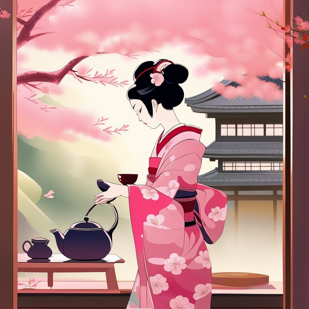 Graceful Geisha at Sakura Teahouse, Pop Art