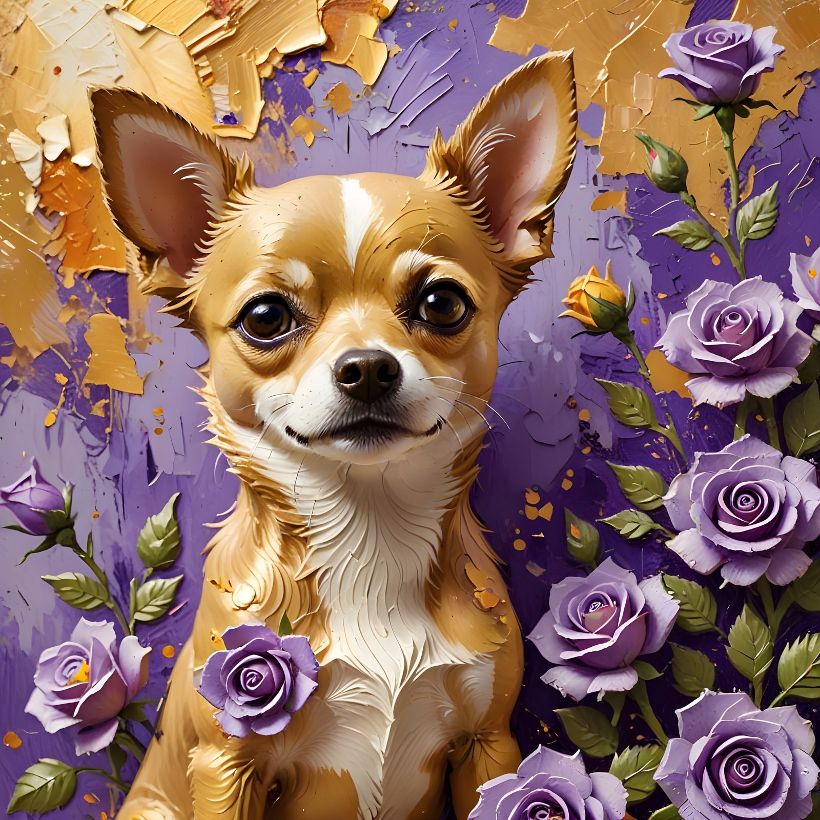 Elegant Chihuahua Portrait with Purple Roses in Old Paint St...
