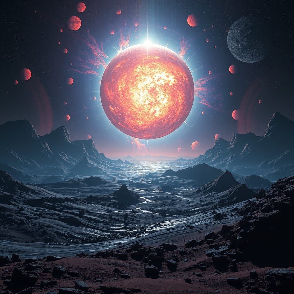 Supernova Erupts Over Alien Planet, Detailed Matte Painting