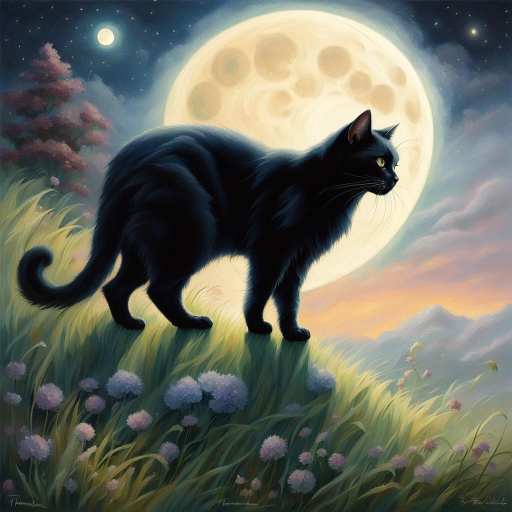 Black Cat Silhouetted Against Ethereal Full Moon