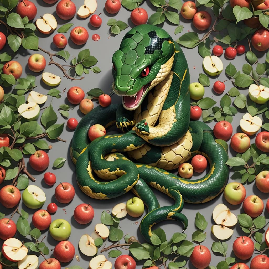 Cute Snake Eating Apple in Anime Style
