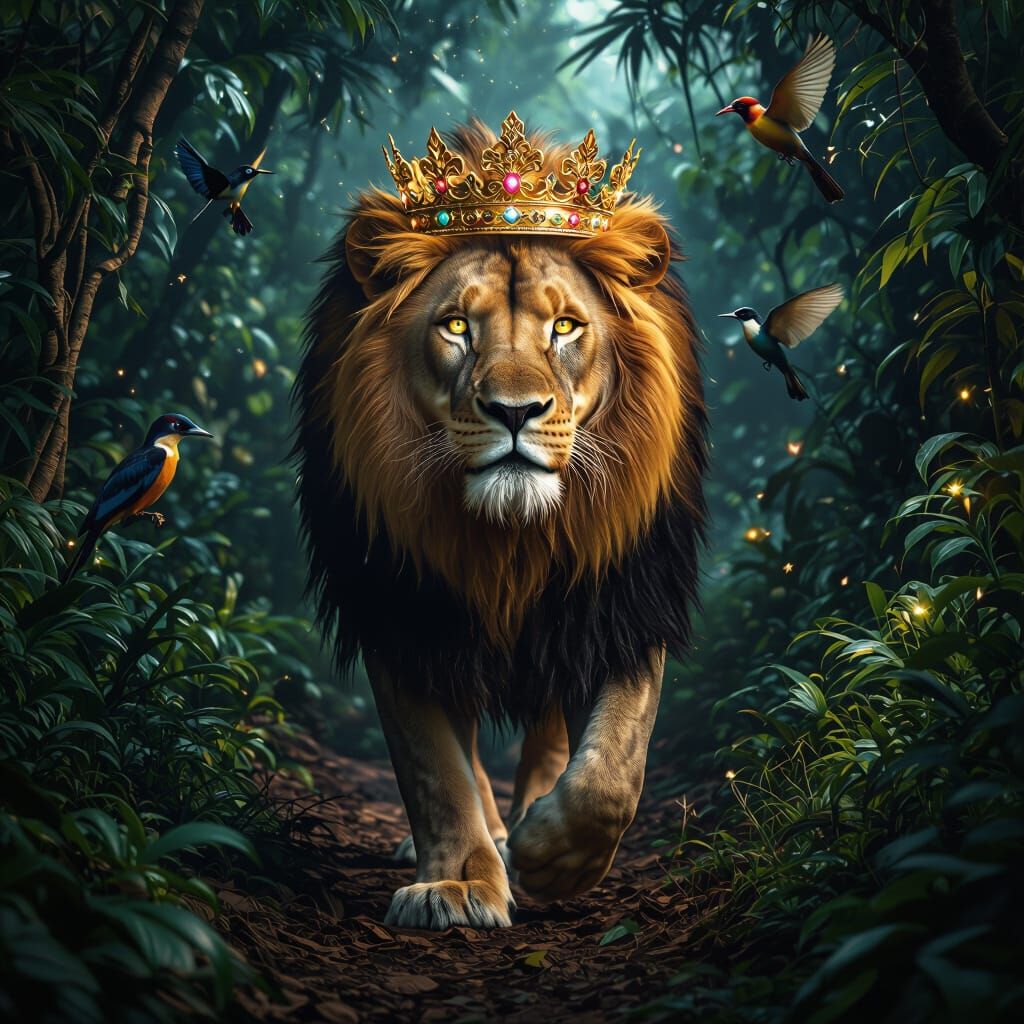 Crowned Lion Striding Through Bioluminescent Jungle