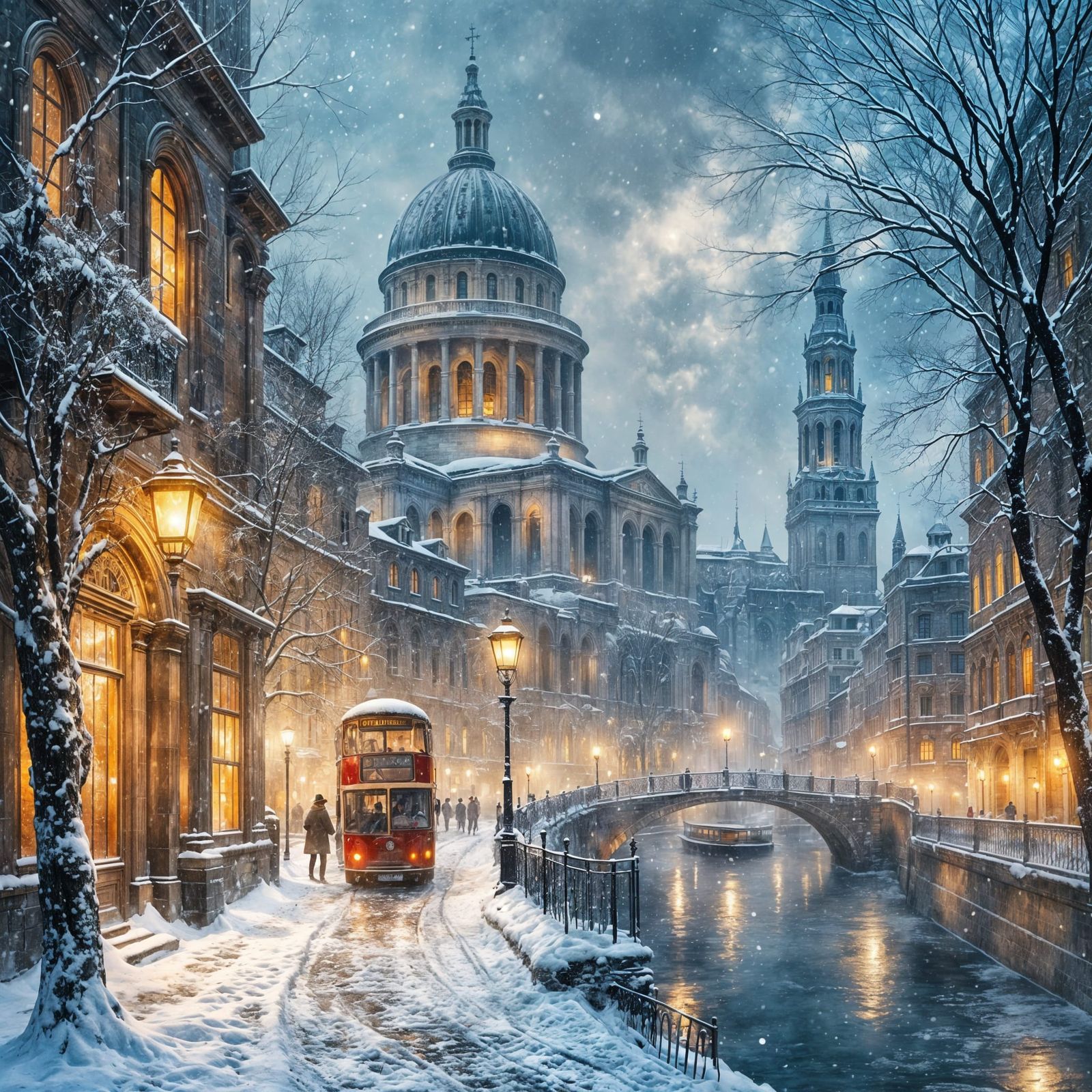 Historic European City in Snowy Dusk Watercolor