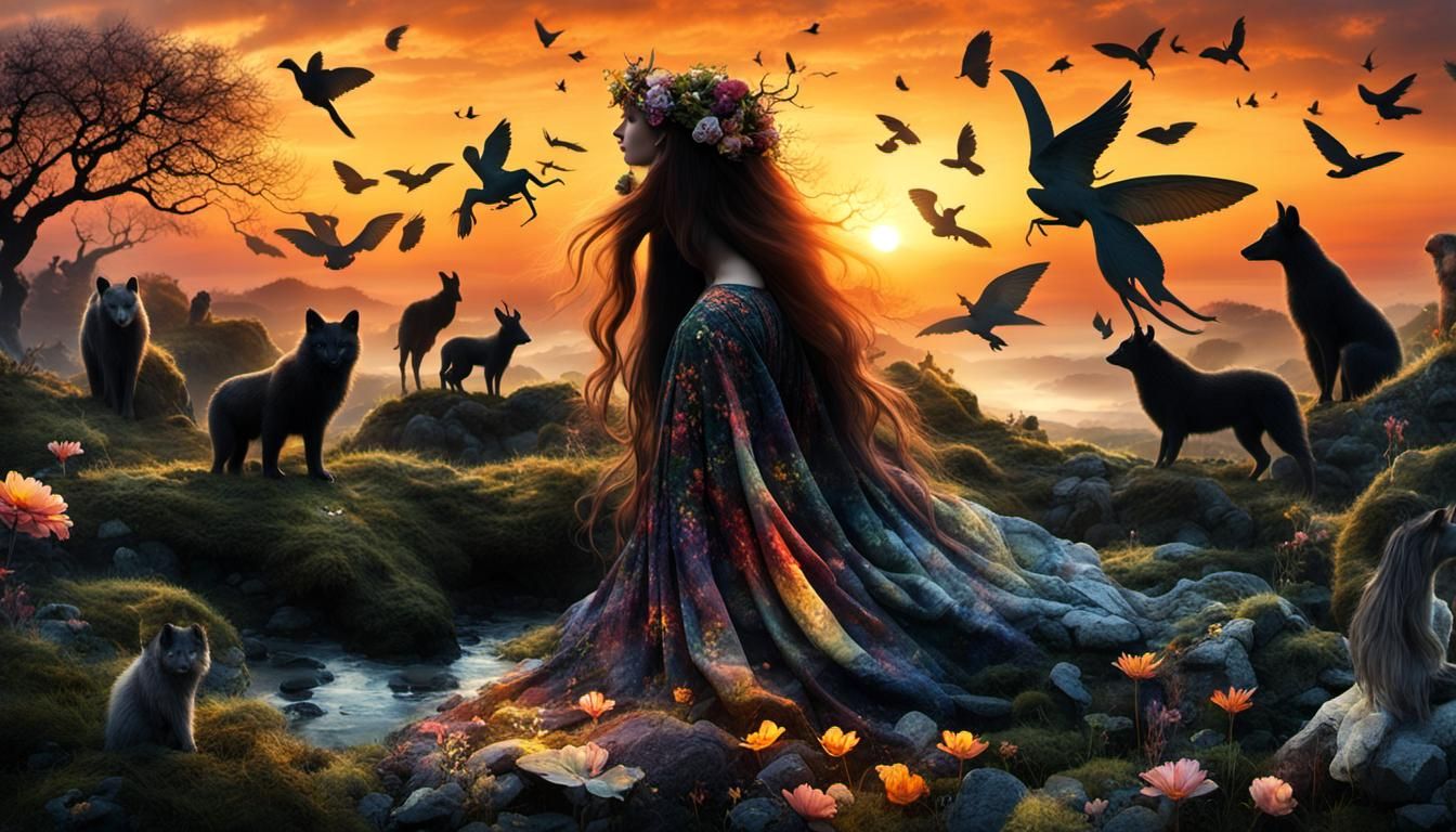 Mystical Creatures Awaken at Sunset: A Fantasy Collage