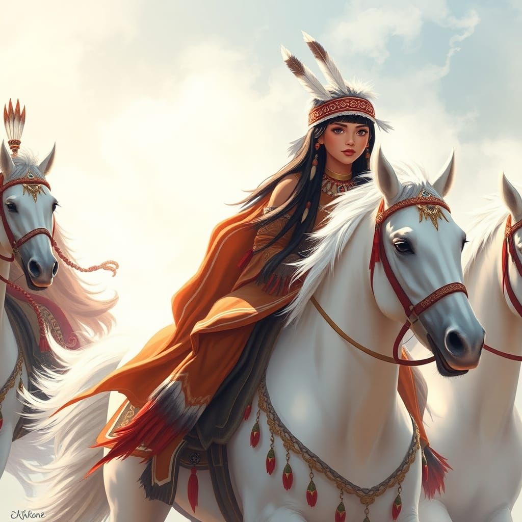 Native American Sisters Ride into Misty Fantasy Landscape