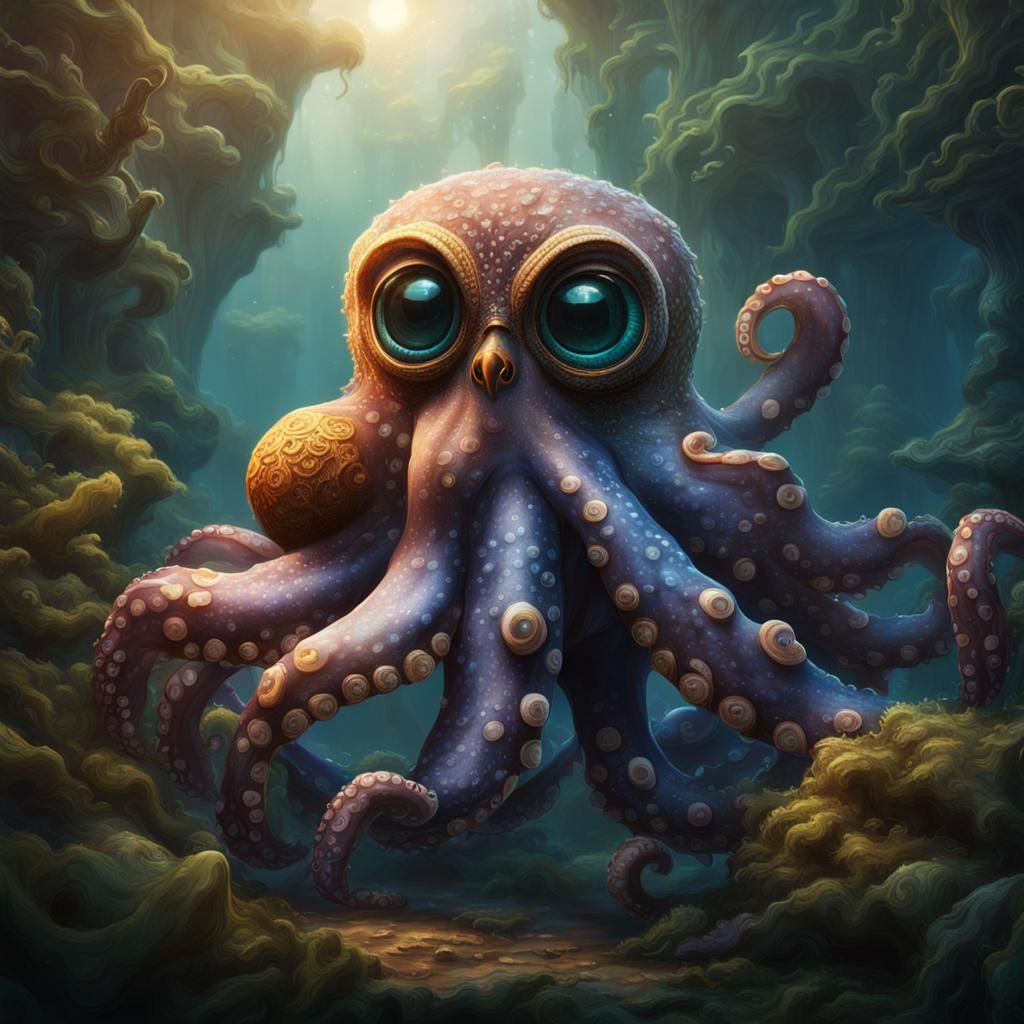 Realistic Octopus Embracing Owl in Detailed Matte Painting