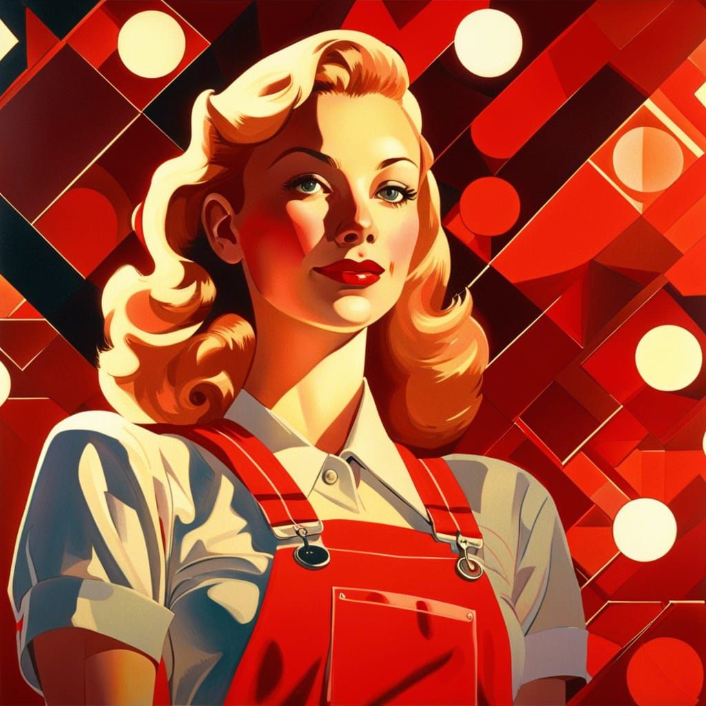 Woman Glowing in Red with Abstract Geometric Shapes