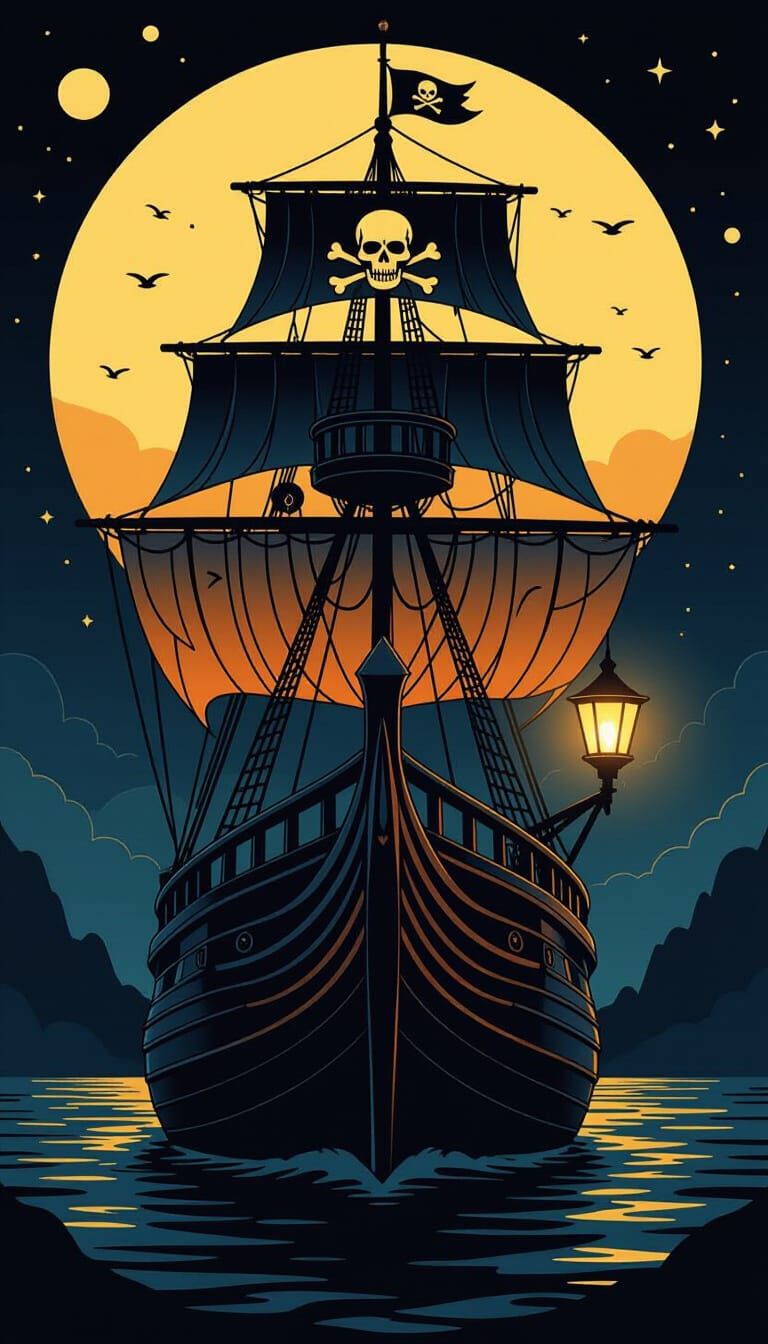 Geometric Black Pearl Ship with Tattoo Art