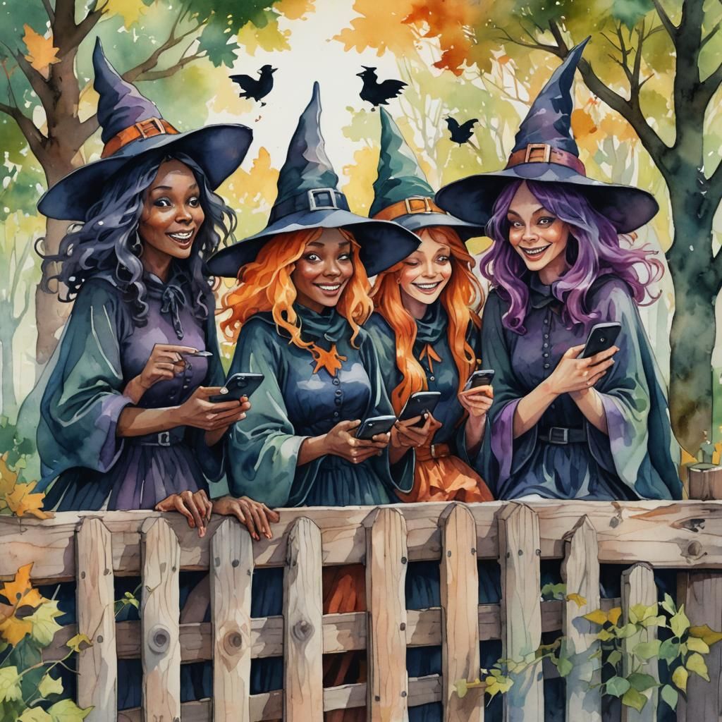 Whimsical Witches Tweeting in a Watercolor Landscape