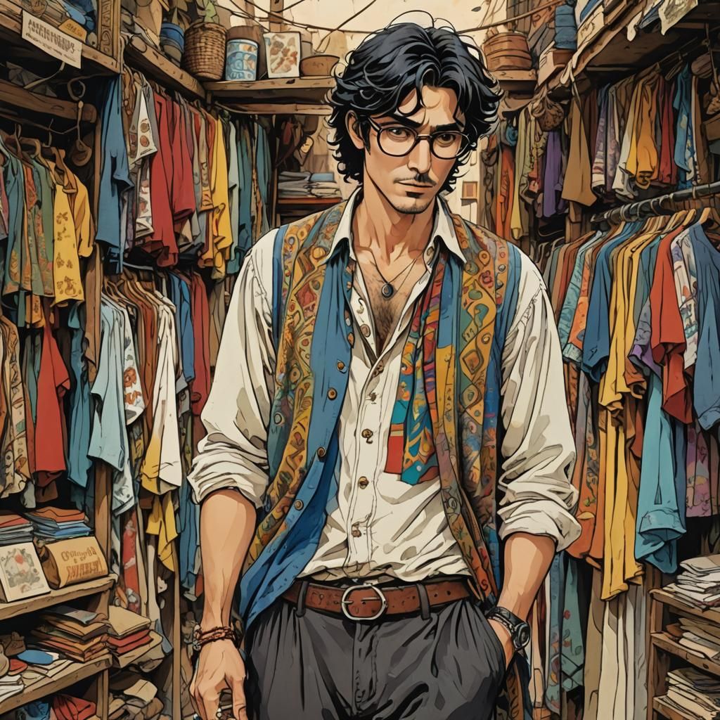 Man Admiring Gypsy Shirt in Animated Style