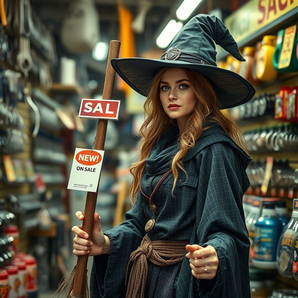 Surreal Witch Discovers Broom Sale in Hardware Store