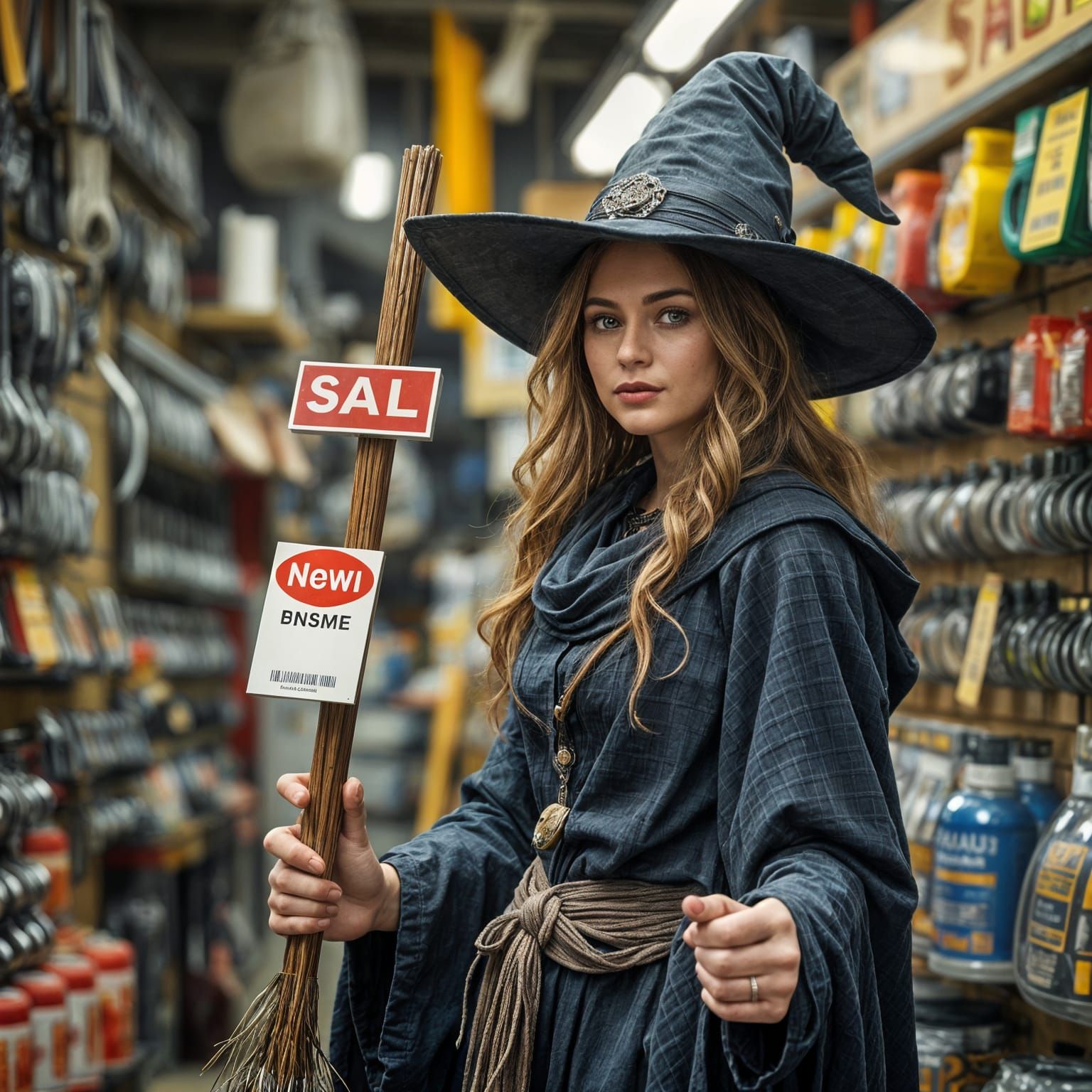 Beautiful Witch Buys New Broom in Hardware Store
