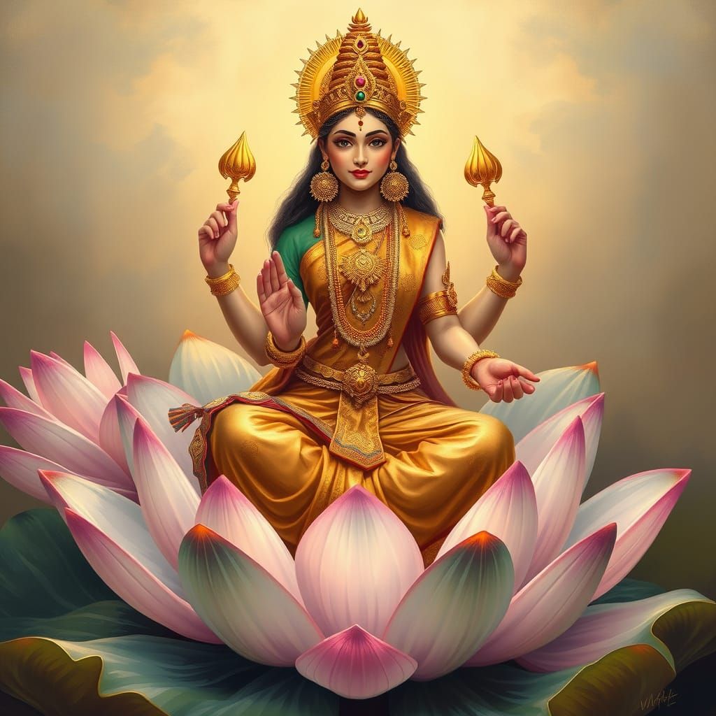 Lakshmi on Lotus Flower in Art Nouveau Style