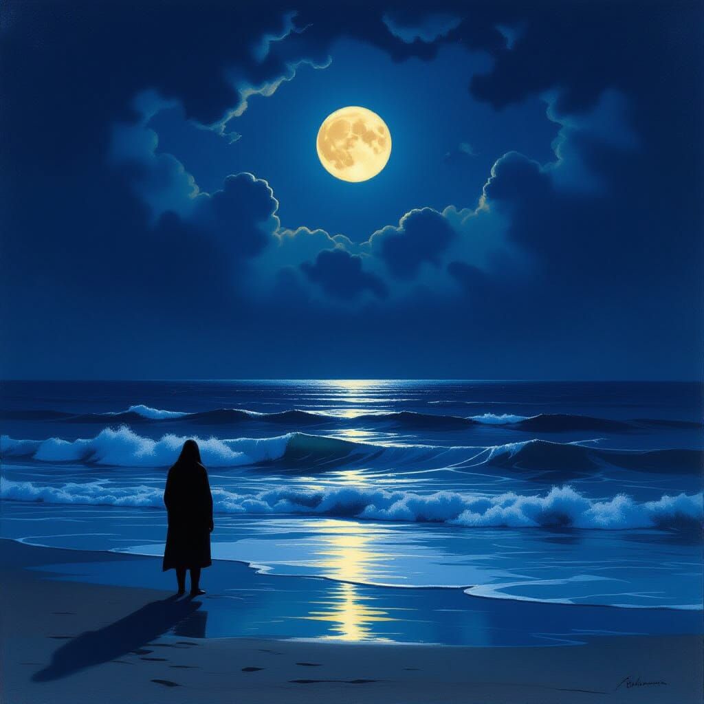 Moonlit Figure at Ocean's Edge in Luminist Style