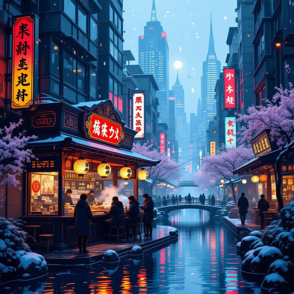 Cyberpunk Oden Bar in Pixel Art Style